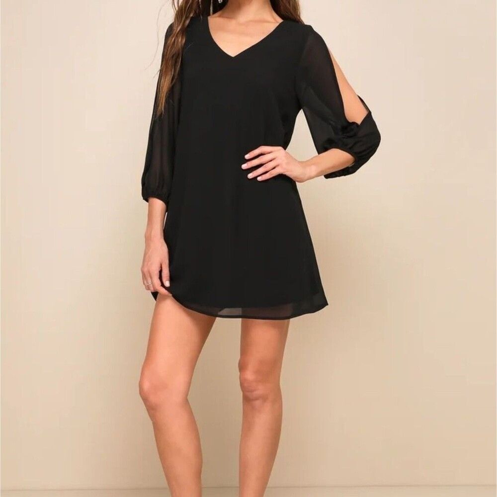 Lulus Shifting Dears Black Cut Out 3/4 Sleeve V-Neck Chiffon Mini Shift Dress XS